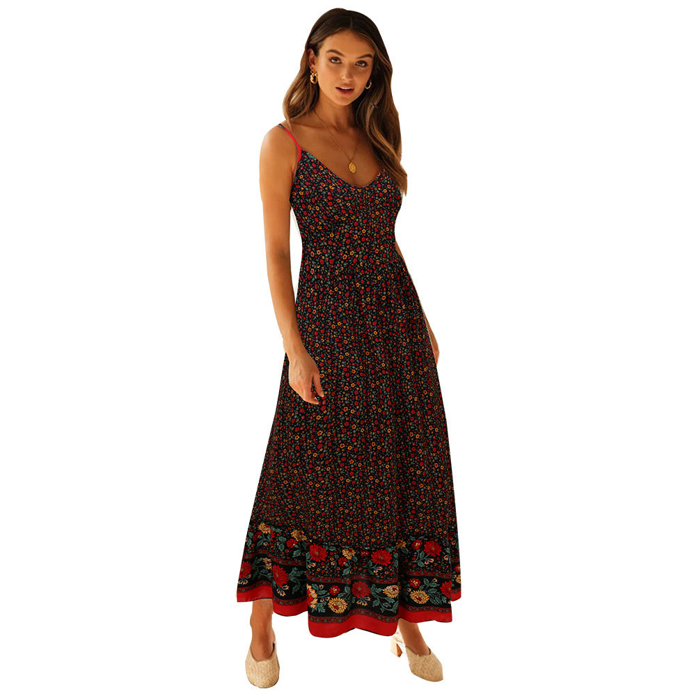 Vestido bohemio con escote en V y tirantes florales para mujer, ropa de verano con vuelo grande