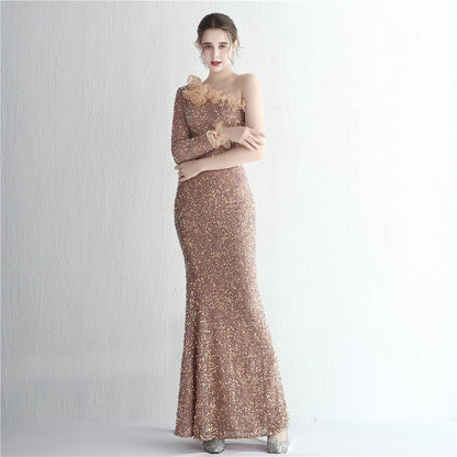 Handmade Sequin Craft Yarn Ladies Cocktail One Shoulder Long Sleeve Long Sequined Aura Queen Fishtail