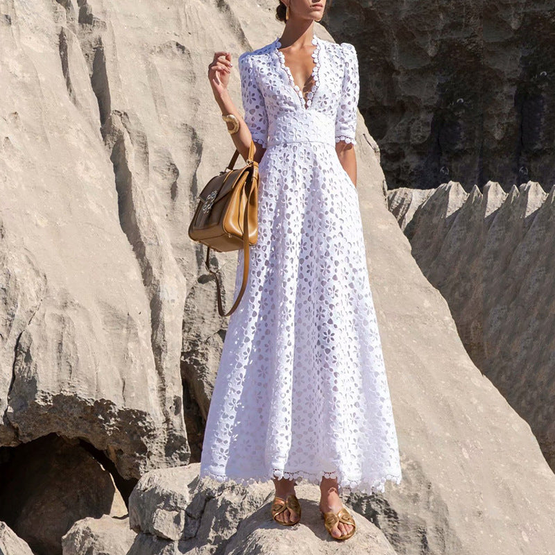 Vestido largo de verano para mujer, escote en V, cintura ajustada, tejido de ganchillo, aberturas, corte francés, color liso, dobladillo ancho