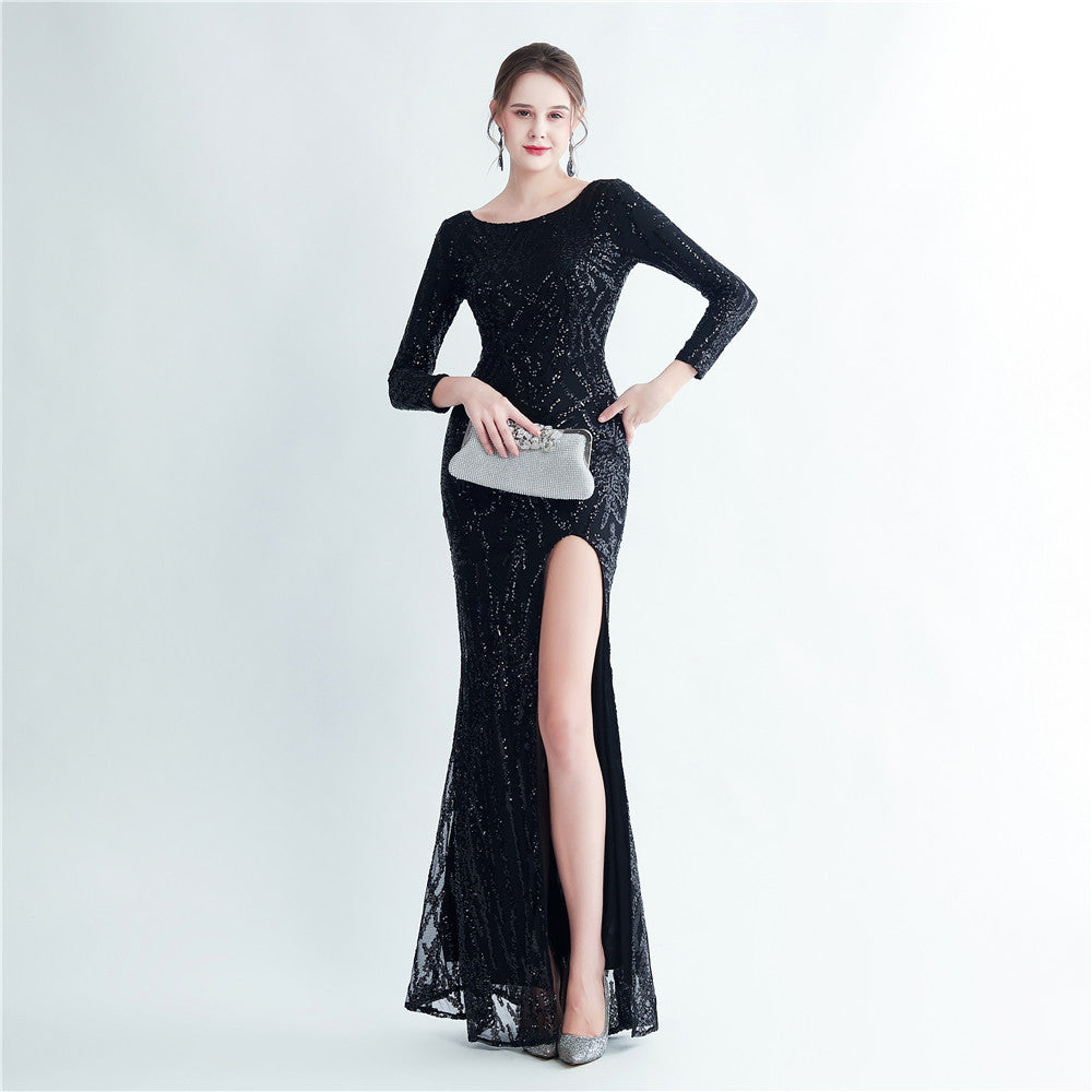 Sequined Long Sleeve Split High End Evening Dress