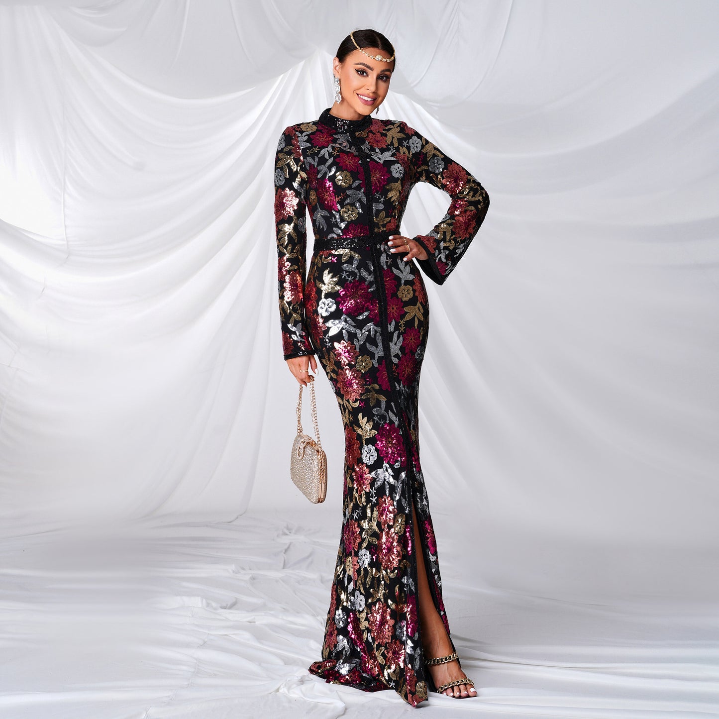 Long Sleeved round Neck Cocktail Sequined Fishtail Evening Dress Women Clothing