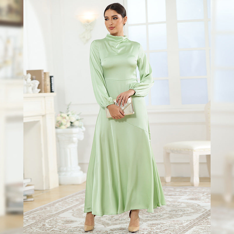 Autumn Satin Conservative Long Sleeve Loose Dress Elegant Women Clothing Evening Dress