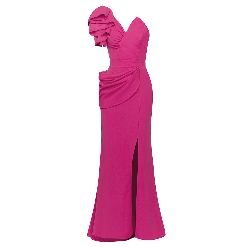 Vestido sexy de cuello diagonal de color sólido con tirantes, plisado, abertura alta, vestido asimétrico irregular para mujer