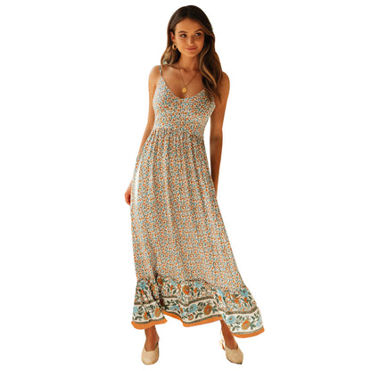 Vestido bohemio con escote en V y tirantes florales para mujer, ropa de verano con vuelo grande