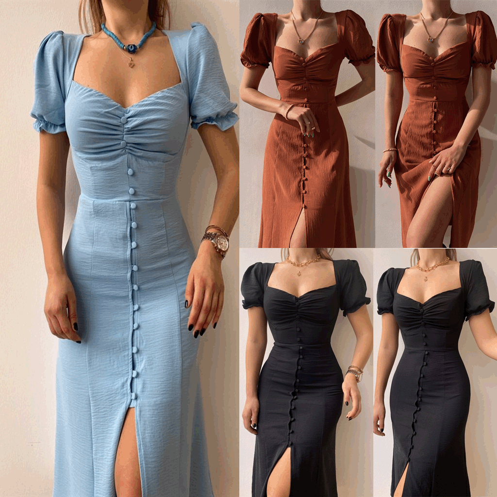 Robe midi élégante à simple boutonnage et col en V printemps été