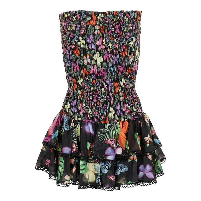 Vestido sexy de vacaciones de primavera y verano con diseño de tubo y top ultracorto con volantes florales para mujer