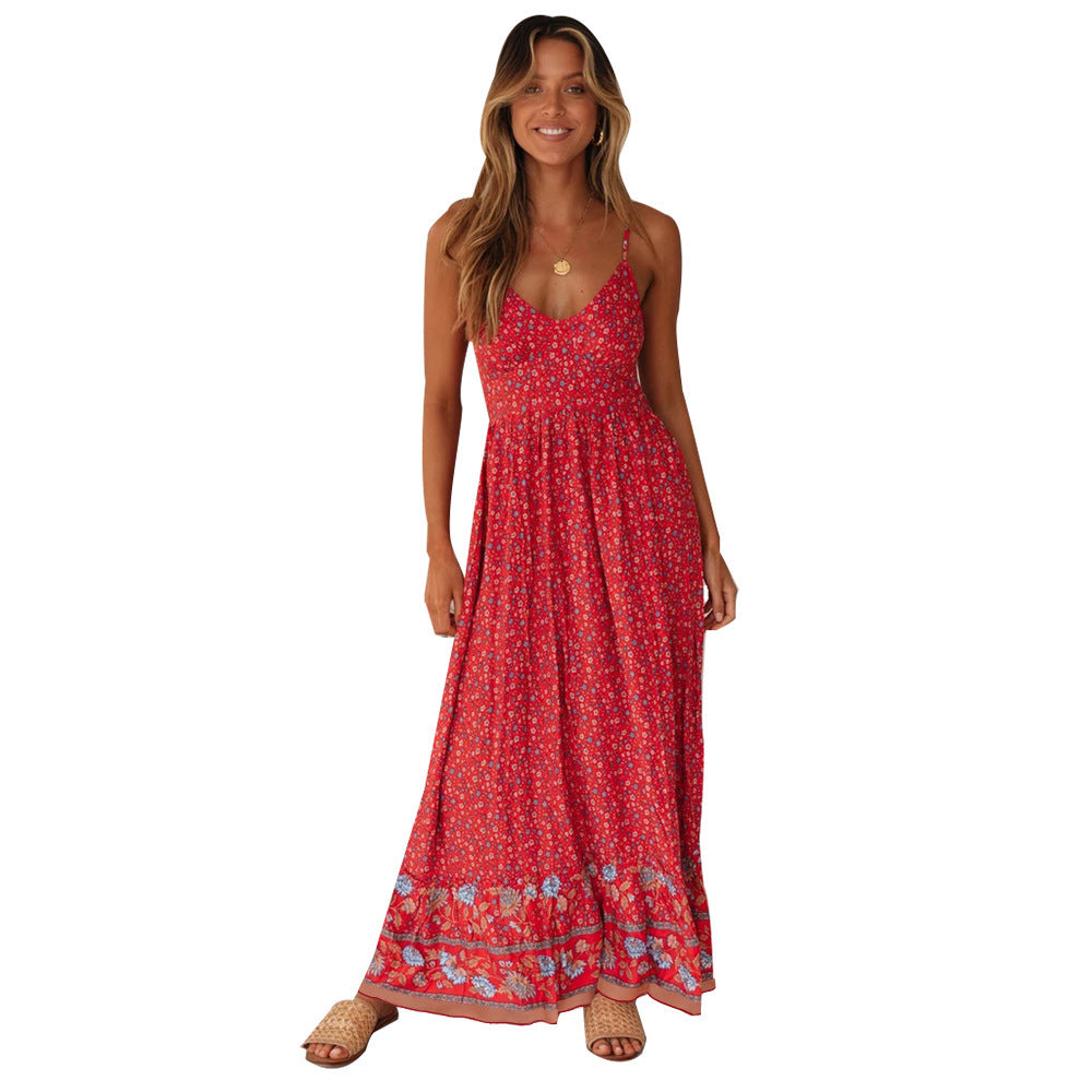 Vestido bohemio con escote en V y tirantes florales para mujer, ropa de verano con vuelo grande