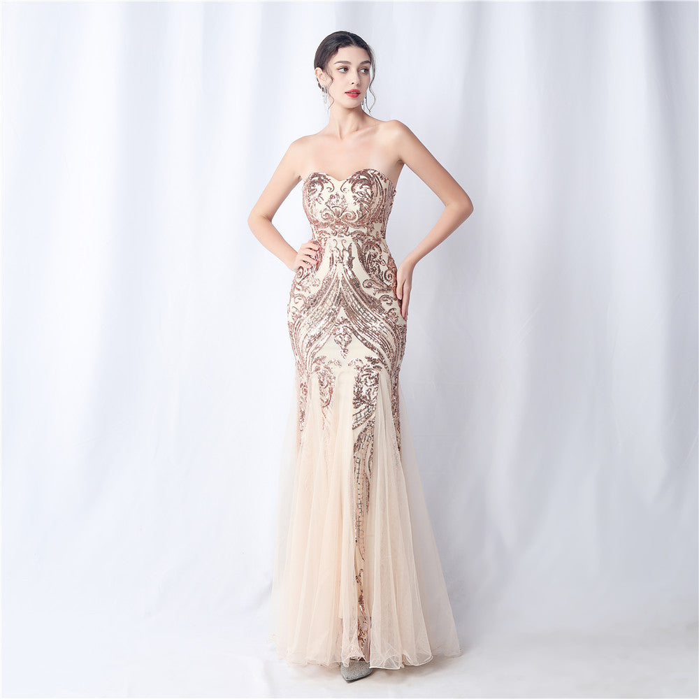 Floral Cutting Mesh Sequin Wedding Dinner Toast Annual Party Evening Dress