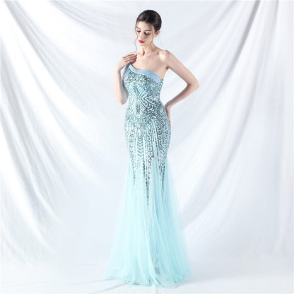 Dress Craft Beading Positioning Floral Sequin Stitching Mesh High-End Evening Dress