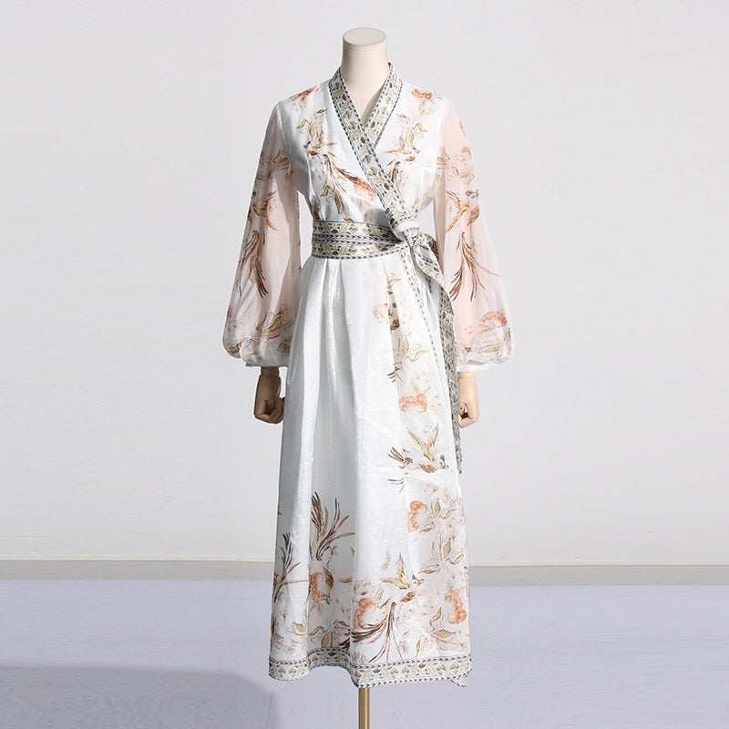 Robe Maxi à lacets, imprimé artistique rétro, manches bouffantes, taille amincissante, pour femmes