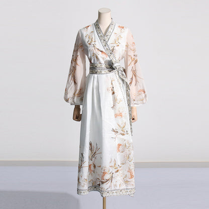 Robe Maxi à lacets, imprimé artistique rétro, manches bouffantes, taille amincissante, pour femmes