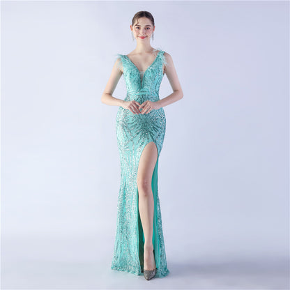 Ostrich Feather Heavy Industry Beads Dinner Exhibition Side Slit High End Evening Dress