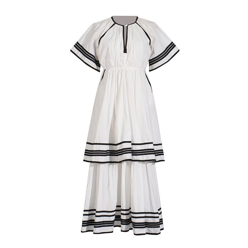 French Summer Tail Round Neck Flared Sleeves Lace Up Tight Waist Solid Color Striped Patchwork Maxi Dress Dress Women