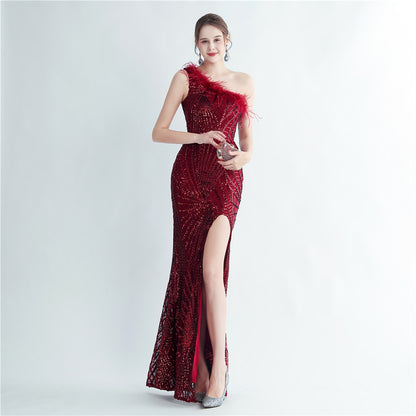 High Density Ostrich Hair Sequ Positioning Floral Oblique Shoulder Collar High End Evening Dress