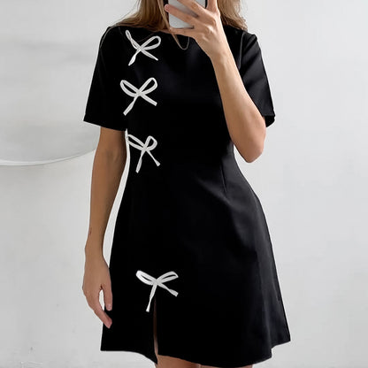 Round Neck Contrast Color Bow Casual Dress Autumn Short for Women