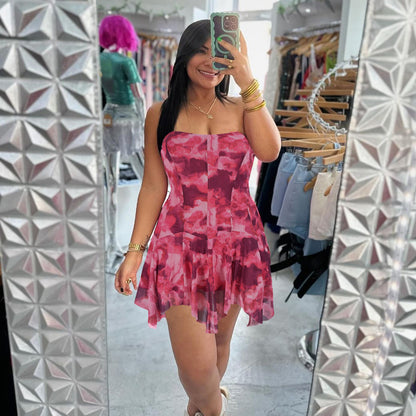 Vestido de princesa sexy con escote en V y elástico con efecto tie dye, espalda descubierta, cremallera y hombros descubiertos