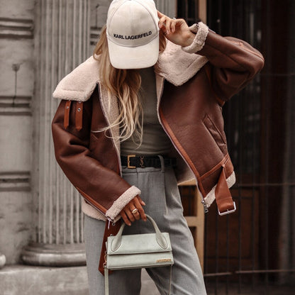 Manteau en laine d'agneau à col Polo pour femme, veste de Locomotive de rue, automne et hiver