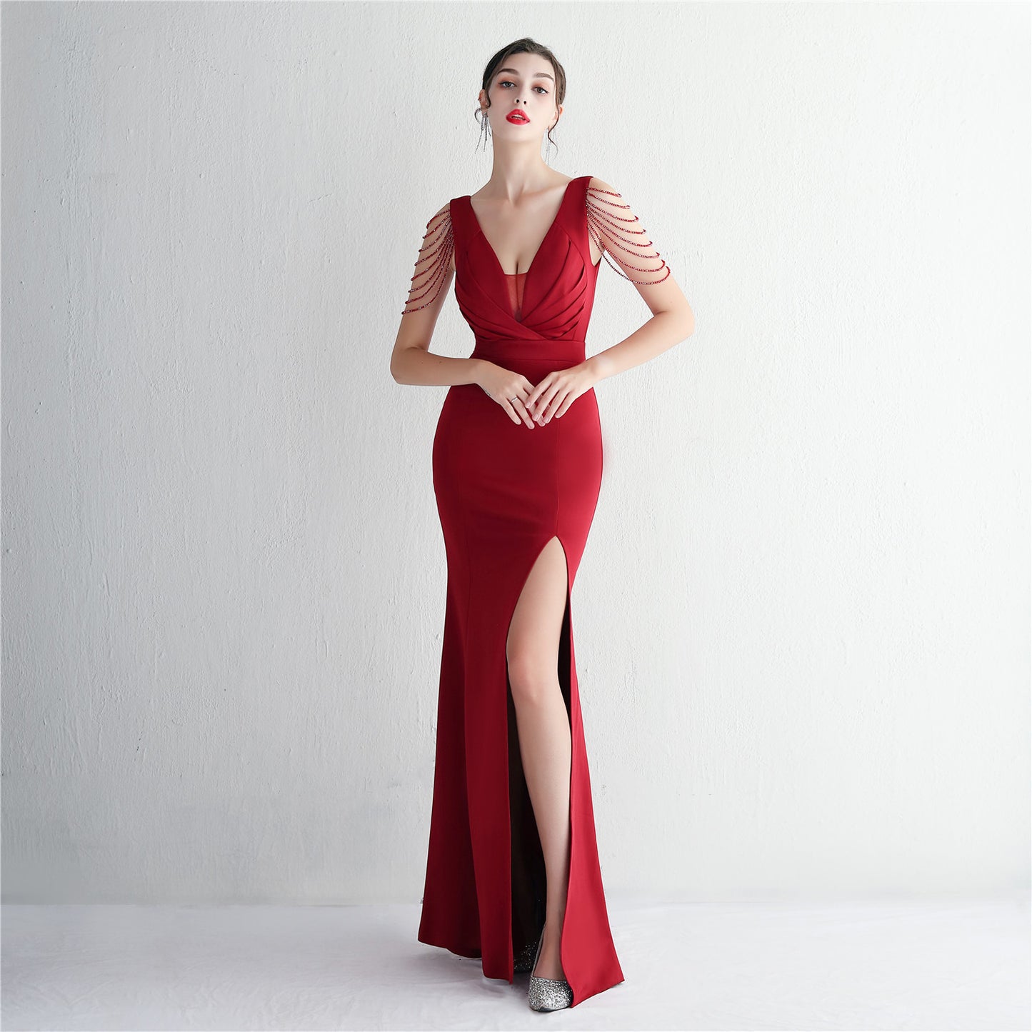 Satin Craft Beaded Long Banquet Slim Fit Evening Dress Elegant Long Sequin Annual Meeting Host