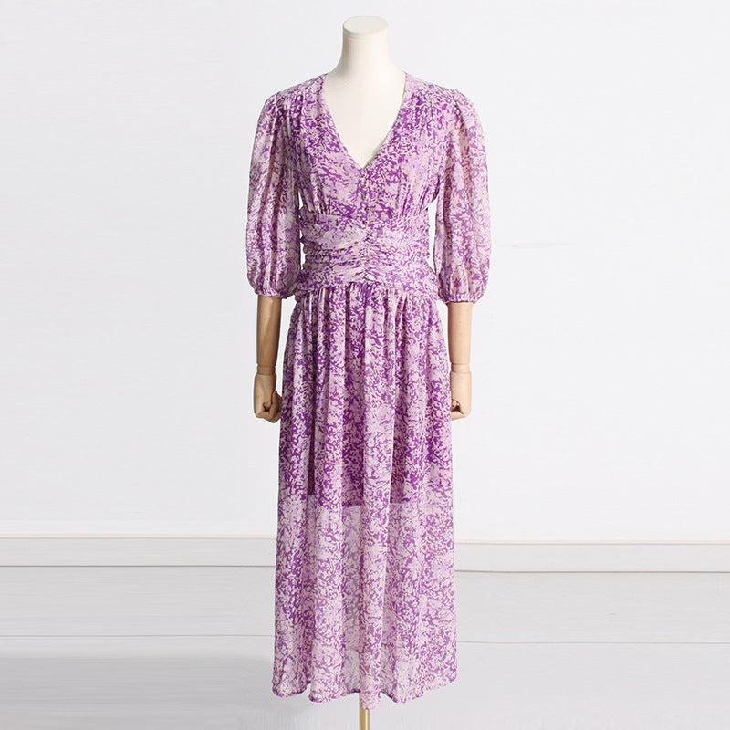 Summer Purple Printed Waist Controlled Slimming Puff Sleeve Design Dress