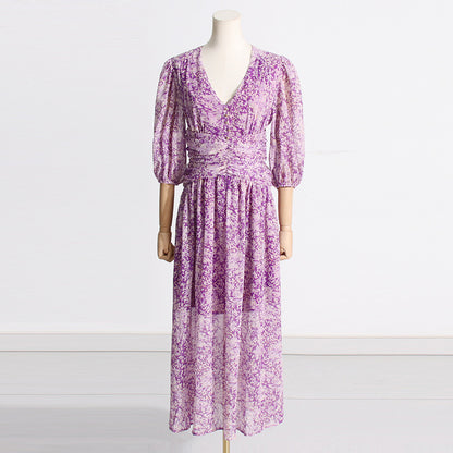 Summer Purple Printed Waist Controlled Slimming Puff Sleeve Design Dress