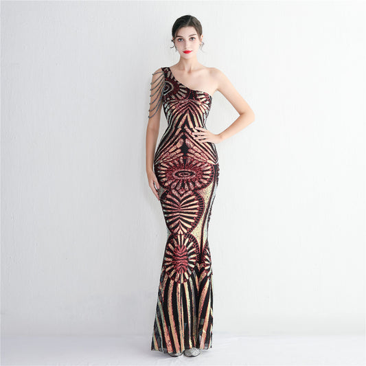 Sequin Craft Beaded Party Dress Long Cocktail Slim Fit Evening Dress Elegant One Shoulder