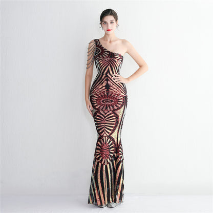 Sequin Craft Beaded Party Dress Long Cocktail Slim Fit Evening Dress Elegant One Shoulder