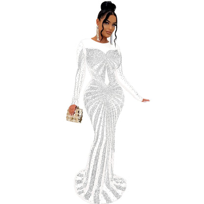 Women Solid Color Mesh See Through Rhinestone Long Sleeve Dress