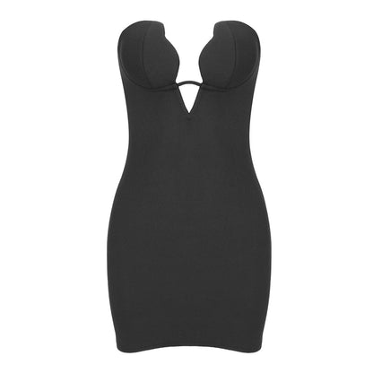 Summer Women Clothing Black V Neck Tube Top Dress High Elastic Bandage Dress Hip Dress