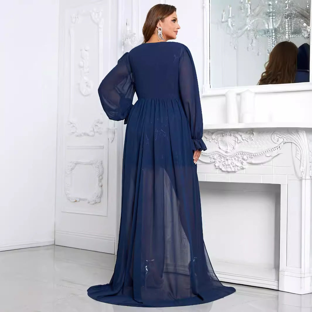 Robe élégante à sequins et pampilles grande taille, robe châle à manches extra longues en deux pièces