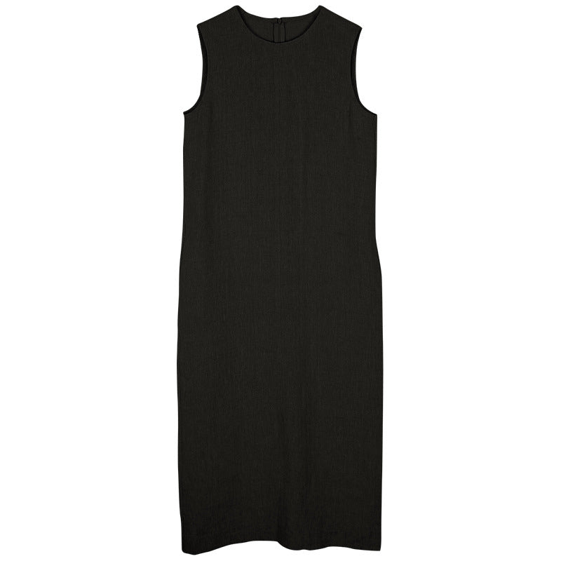 Robe gilet sans manches en lin pur de haute qualité, simplicité française, fente dans le dos, robe de bureau mi-longue, vêtements pour femmes sans ceinture