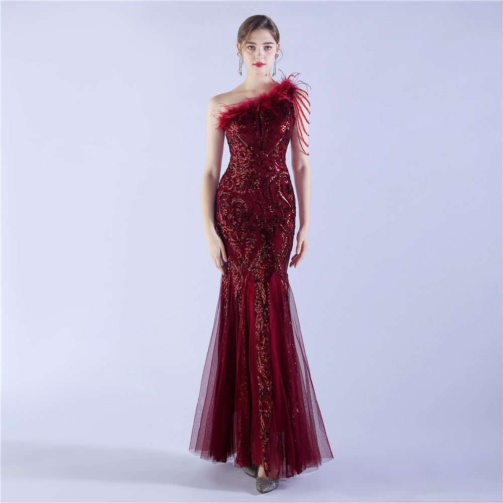 Craft Beaded plus Ostrich Feather High End Sequined Evening Dress