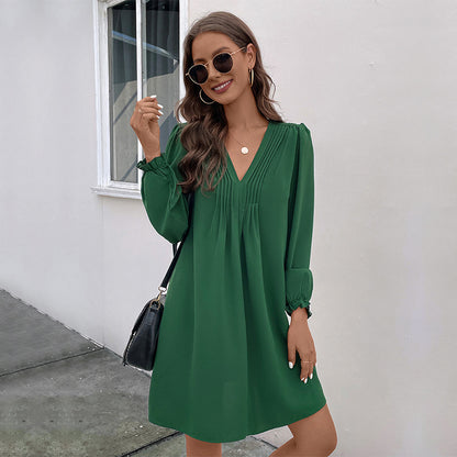 Patchwork Dress Autumn Women Clothing V neck Pleating Long Sleeve Dress