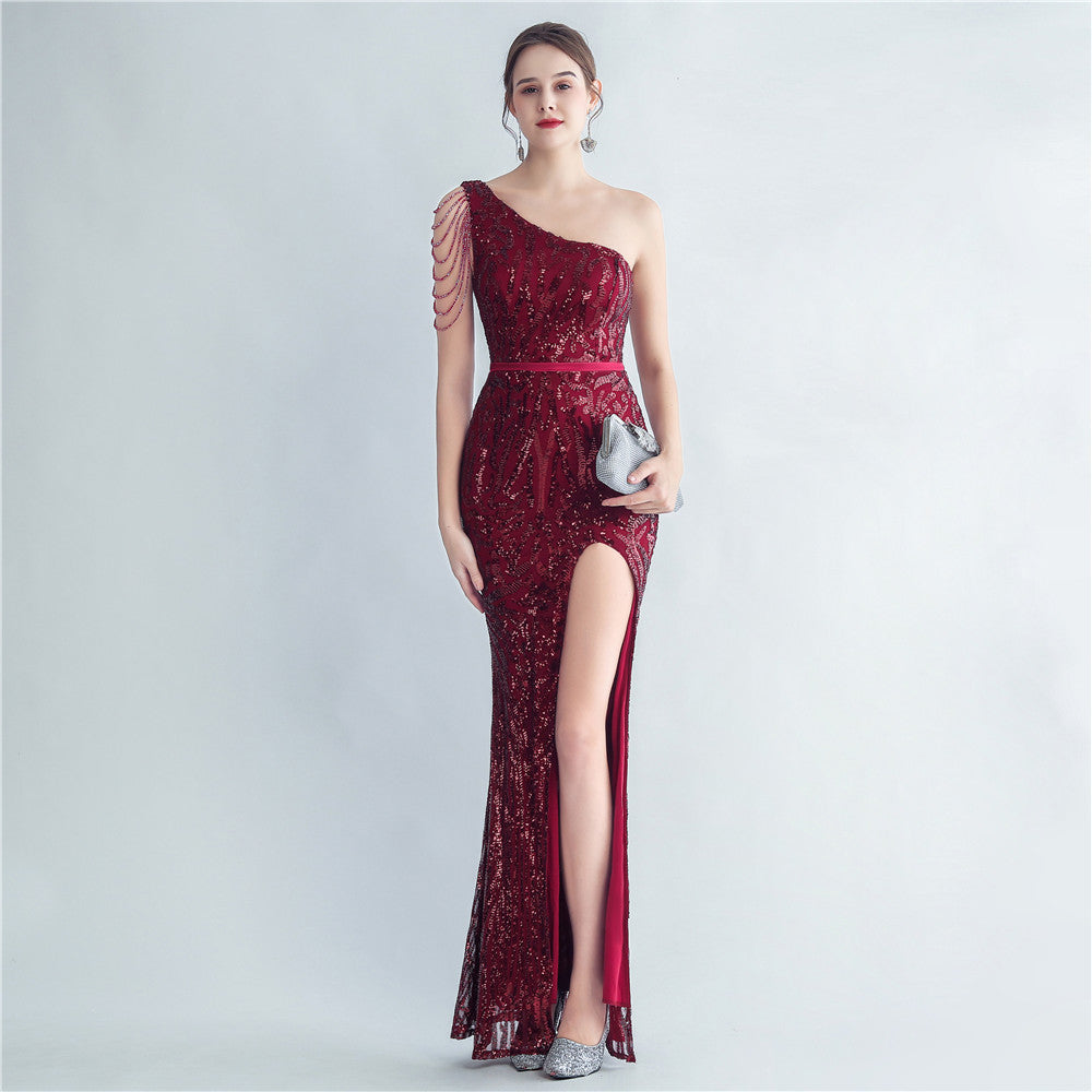 Sequ Positioning Floral With Silk Satin Oblique Shoulder Beaded Fishtail Dress Evening Dress