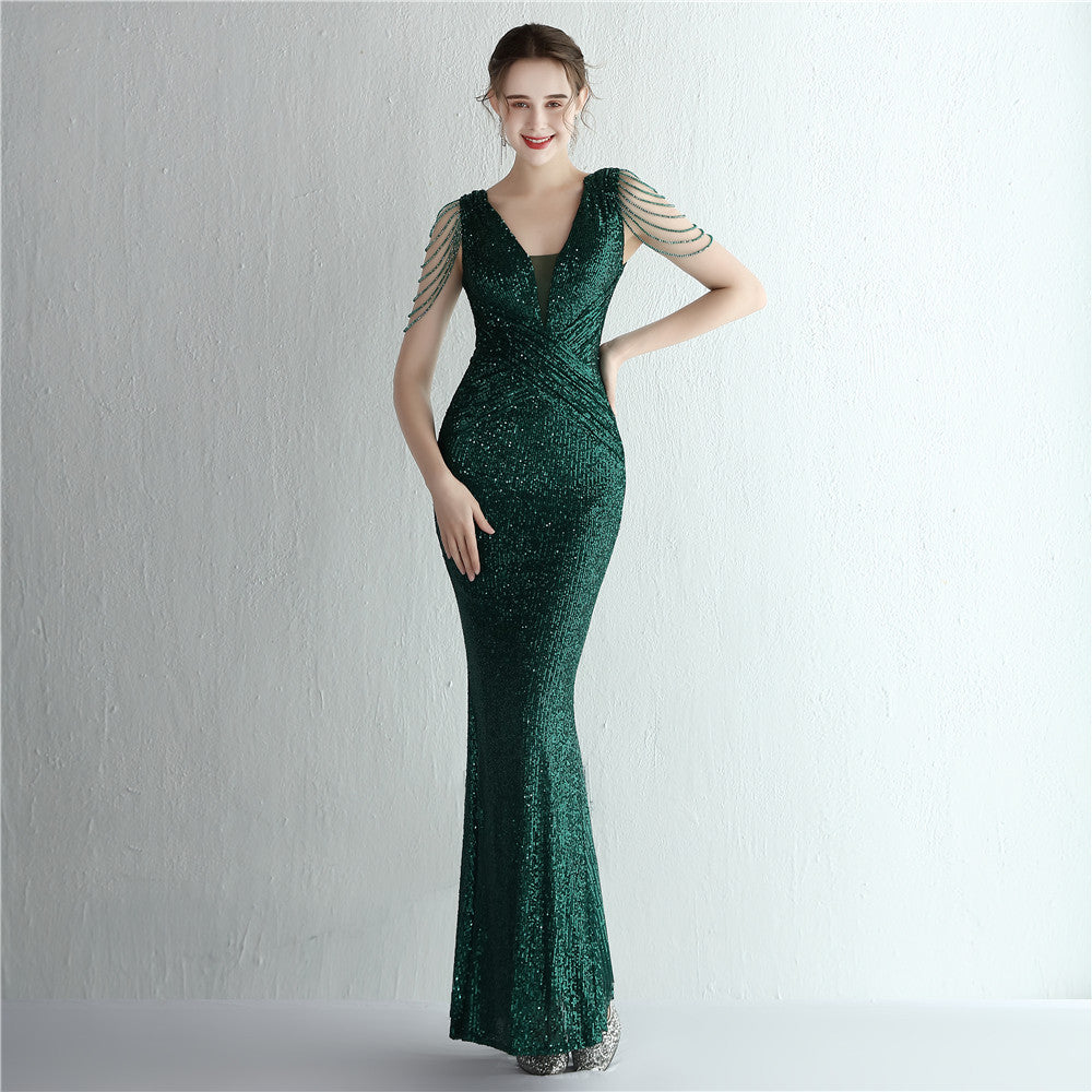 Robe de cocktail élégante à paillettes pour femme, silhouette flatteuse, longue, à paillettes, pour dîner, en queue de poisson