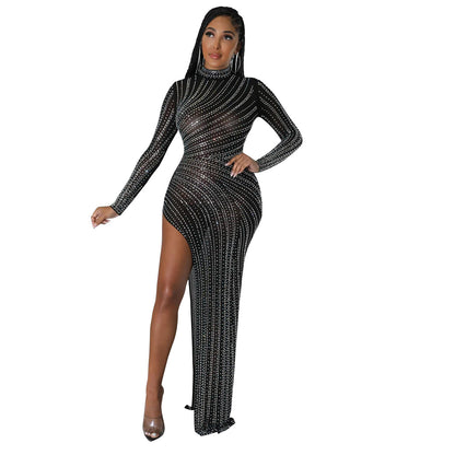 Autumn Winter Women Clothing Sexy Mesh Rhinestone Long Sleeve Irregular Asymmetric Dress High Split