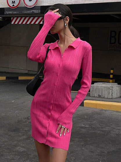 Women Clothing Summer Waist Slimming Sheath Cardigan Button Long Sleeve Knitted Dress