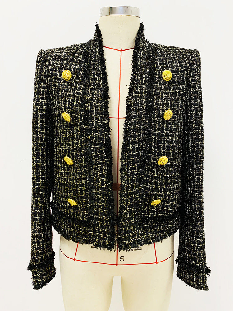 Gold Plaid Tweed Fringe Cardigan Coat