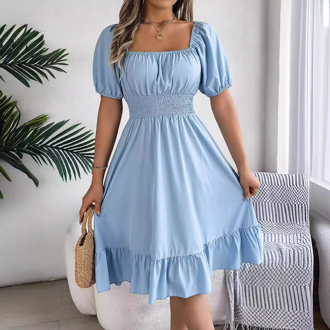 Spring Summer Casual Square Collar Short Sleeve Waist Trimming Ruffles A line Dress Women Clothing