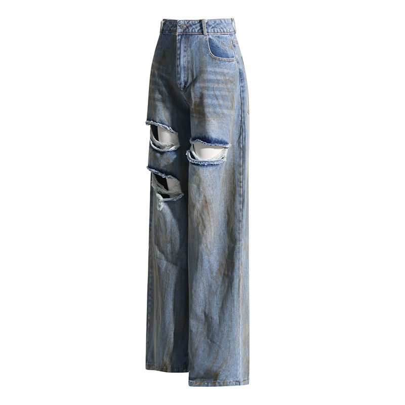 Printemps Niche Design taille moyenne personnalité déchiré bordure peint Long Denim pantalon à jambes larges pour les femmes