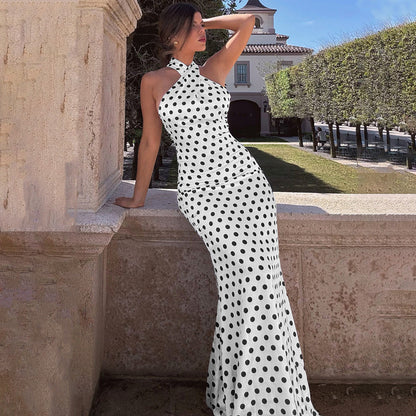 Summer Satin Polka Dot Halter Backless Dress