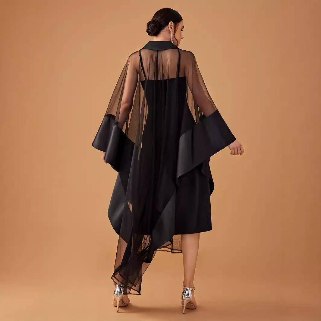 Robe de soirée cocktail pour femme Mid East Wind Strass Col en V Manches longues Robe cape deux pièces