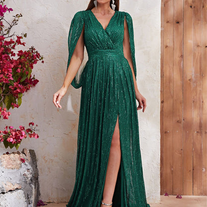 Sequin Formal Dress Sequined V Neck Shawl Sleeve Cocktail High End Evening Dress Slit Maxi Dress