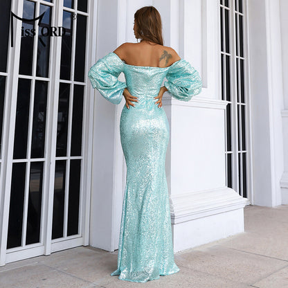 Elegant Wedding off-Neck Small Tail Sequined Cocktail Ball Party Evening Dress Dress