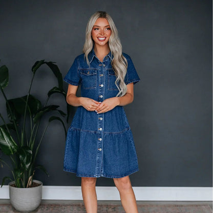 Summer Short Sleeve Collared Casual Women Denim Dress