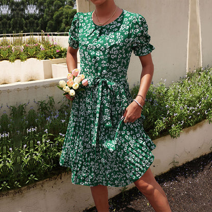 Women Wear Summer Lace up Green Pleated Dress