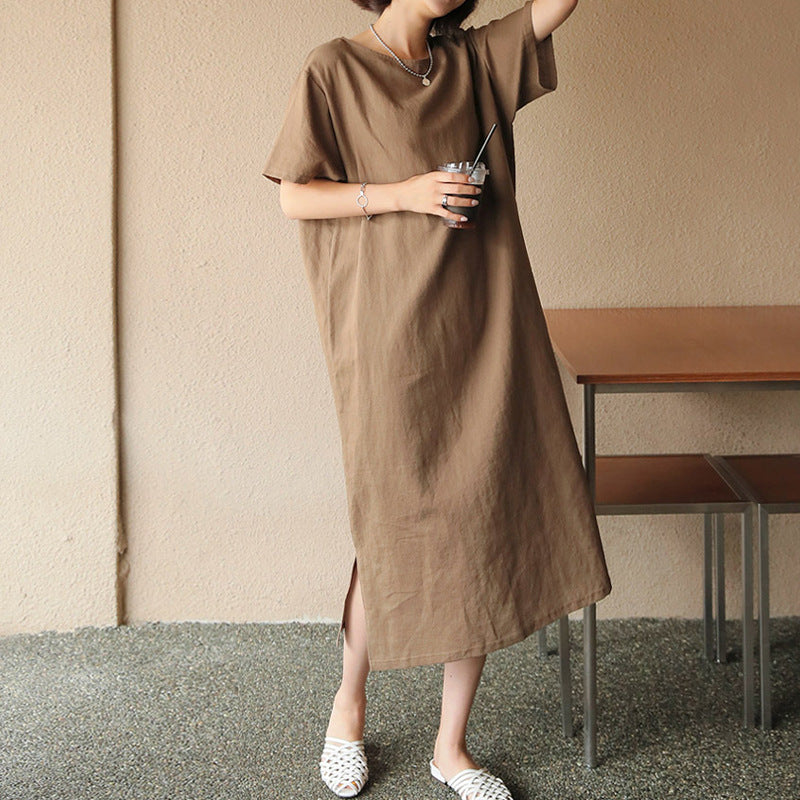 Spring Summer Dress Cotton Linen Niche Women Clothing Cotton Short Sleeve Casual Simple Loose Maxi Dress