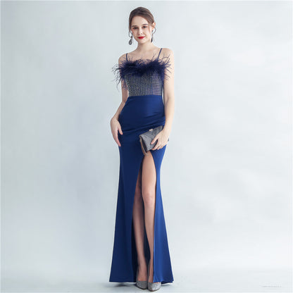 Craft Order Ostrich Feather Drilling Sling Side Slit High End Evening Dress