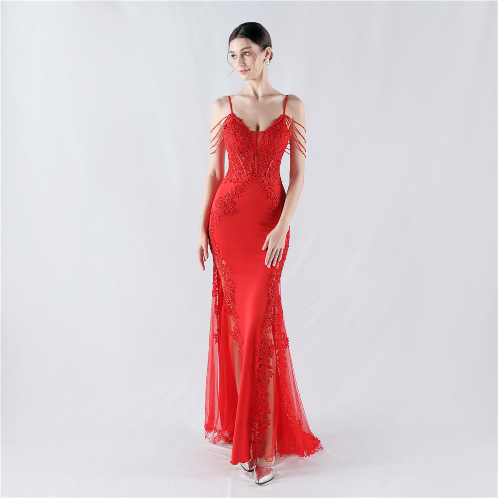 Heavy Embroidery Drilling Boning Corset Vest Lace Beaded High Fork Evening Dress