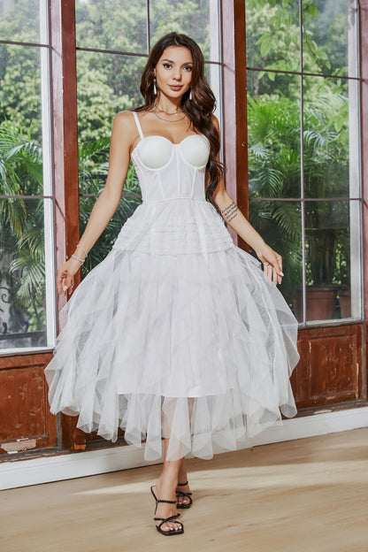 Vestido de fiesta sexy con escote en forma de tubo francés para el primer amor, corsé con varillas y tirantes de hilo blanco