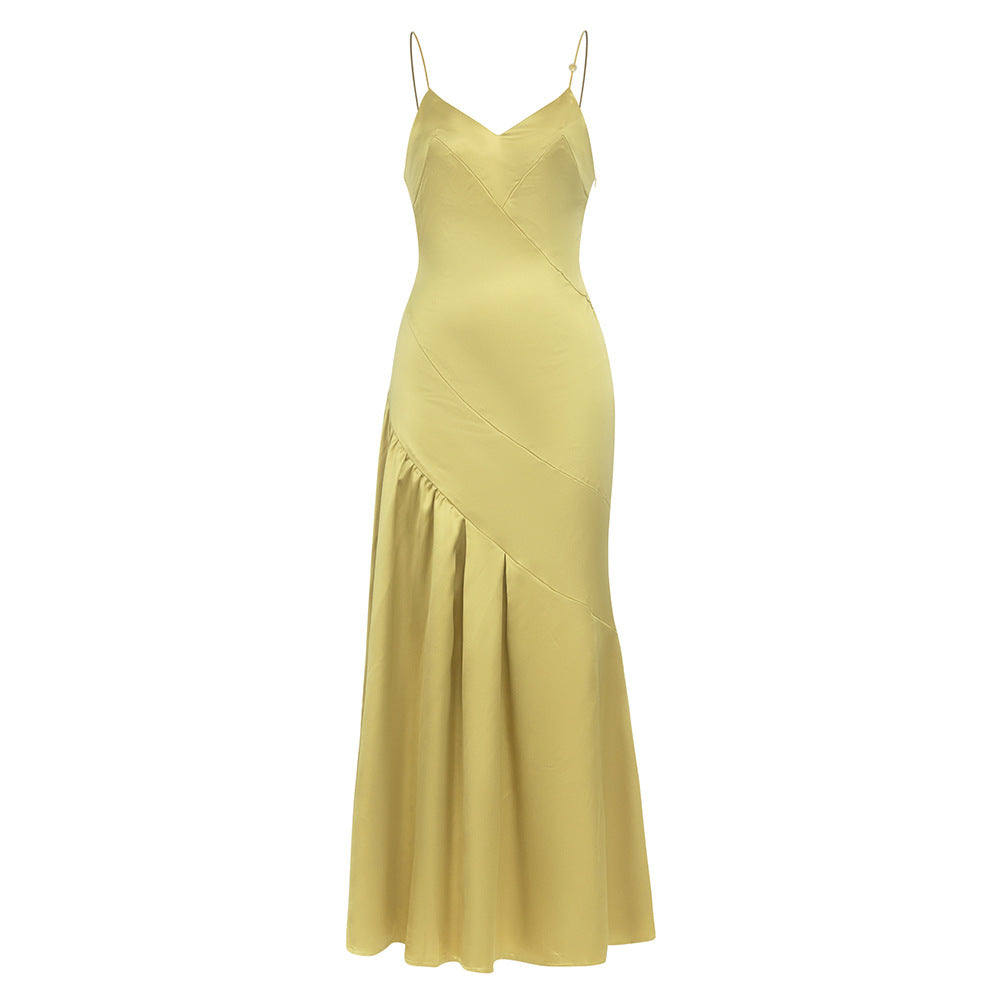 Dress Simple Sexy Satin Strap Stitched Backless Pleated Slim Dress Women